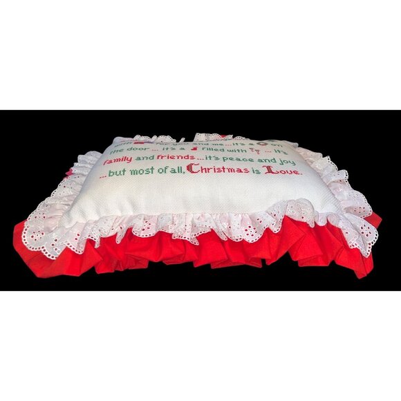 Vtg Christmas Pillow With Embroidered Quote Ruffle Trim 17"x12" - Picture 4 of 5